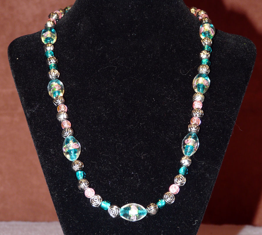 Aqua and Pink Glass Necklace